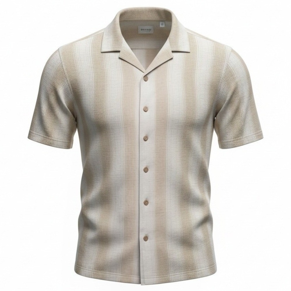 ROWM Button Down Shirt Mens XLT Beige Striped Textured Camp Collar Short Sleeve